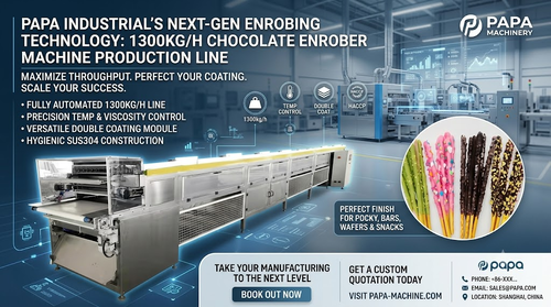 Derniers blogs de l'entreprise sur Papa Industrial Launches High-Capacity 1300kg/h Double Coating Chocolate Enrober Machine Line